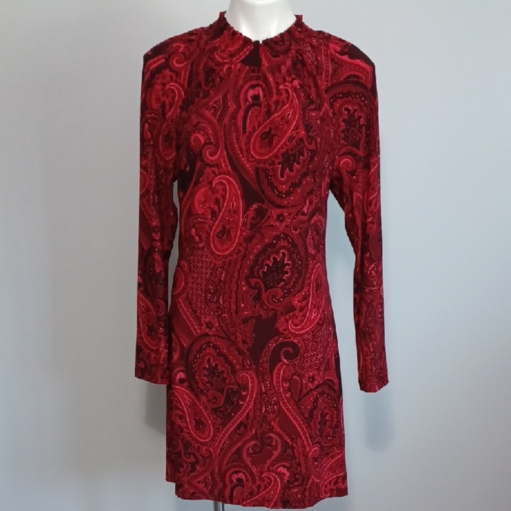 TOMMY HILFILGER red paisley dress, high neck, long sleeve. Holiday party. Size 8